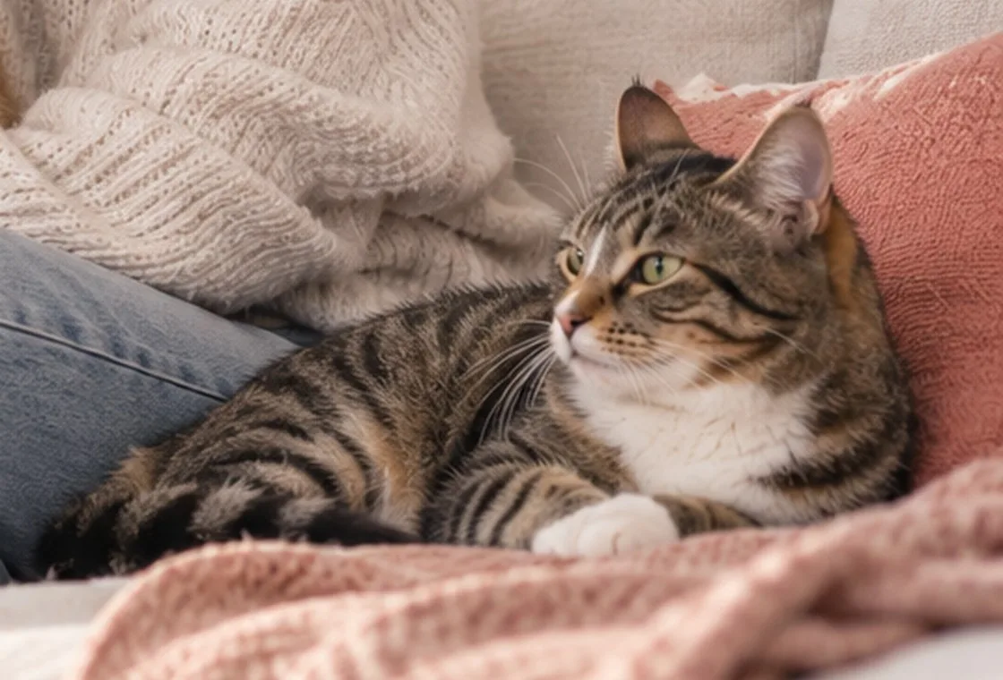Tabby cat resting on a blanket beside its owner